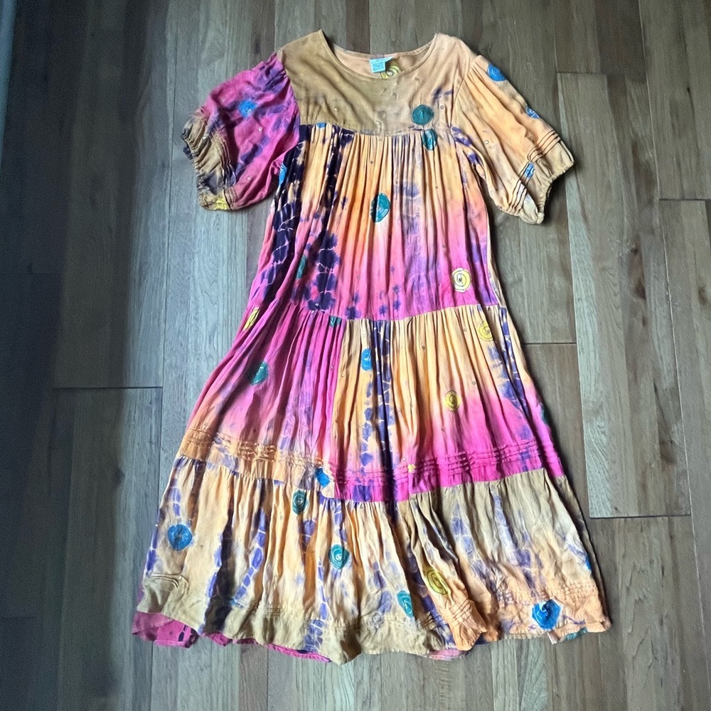 Papillon Tie‎ Dye Maxi Tier Dress Women’s Sz L Boho Free People Beach Vintage